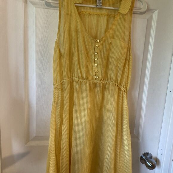 American Rag Dress Women’s Size Large Yellow Checked Sheer Pocket Button Summer - Picture 6 of 11